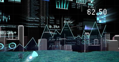 Analysis of Financial Data Over City Skyline - Download Free Stock Images Pikwizard.com
