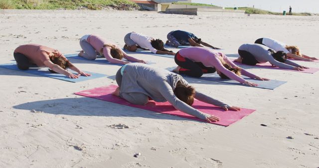 Group Yoga Class Practicing Child's Pose on Sandy Beach - Download Free Stock Images Pikwizard.com