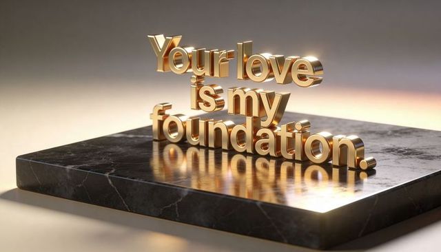 Glowing golden 'your love is my foundation' 3d typography on black marble plinth