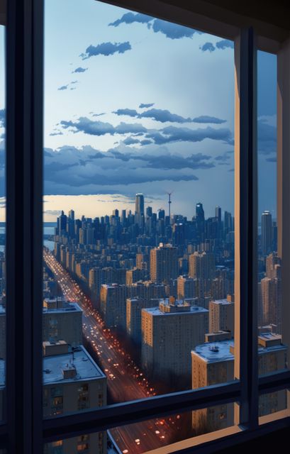 Cityscape with lit streets at dusk seen through window, created using generative ai technology. Architecture and skyline concept digitally generated image.