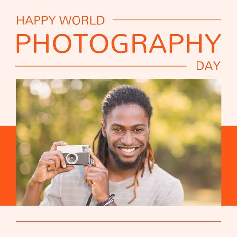 happy world photography day with smiling man holding camera - Download Free Stock Templates Pikwizard.com