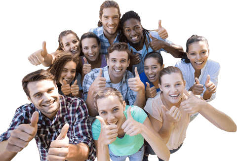 Diverse group smiling thumbs up transparent background