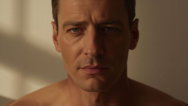 Moody Warm-Light Closeup Portrait of Shirtless Man with Window Shadow and Intense Gaze