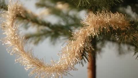 Golden Tinsel on Pine Branch Cinematic Macro Video with Warm Bokeh Holiday Sparkle