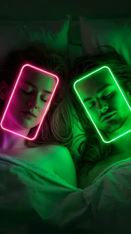 Sleeping Couple Checking Phones under Pink and Green Neon Glow - Vertical Video