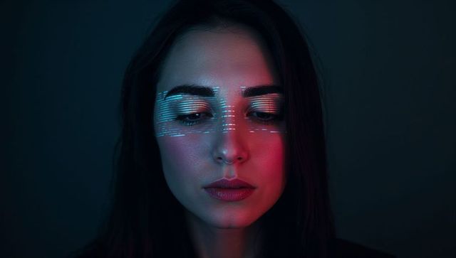 Woman wearing neon scanlines and dramatic teal-crimson lighting, cyber beauty portrait