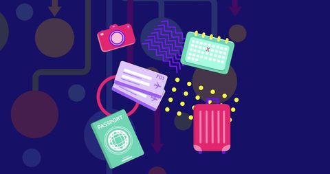 Colorful Travel Icons on Blue Background Illustration - Download Free Stock Images Pikwizard.com