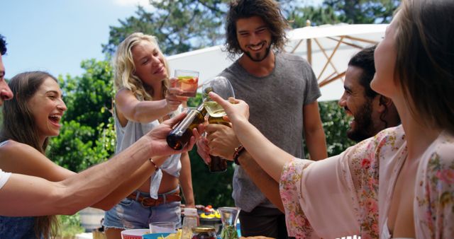 Friends Toasting at Outdoor Barbecue Party by Pool - Download Free Stock Images Pikwizard.com