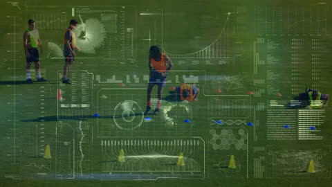 Digital Data Overlay on Soccer Players Practicing on Field
