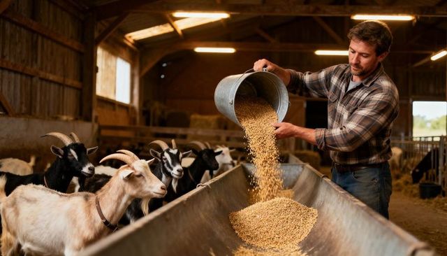 Farmer in flannel pouring grain into metal trough while feeding goats inside rustic barn