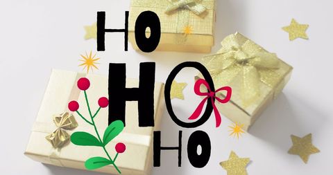 Festive Golden Gifts with 'Ho Ho Ho' Holiday Theme - Download Free Stock Images Pikwizard.com