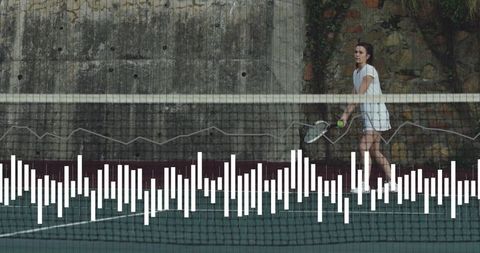 Tennis player poised to serve on outdoor hard court with blowchart overlay