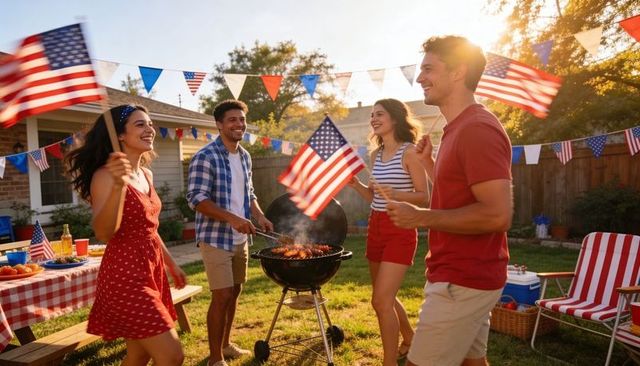 Friends celebrating fourth of july backyard barbecue waving american flags at sunset