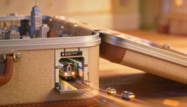 Vintage suitcase transforming into intricate miniature city with subway train emerging