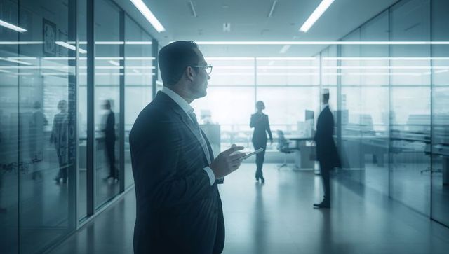 Executive standing with tablet observing modern glass office corridor, business leader