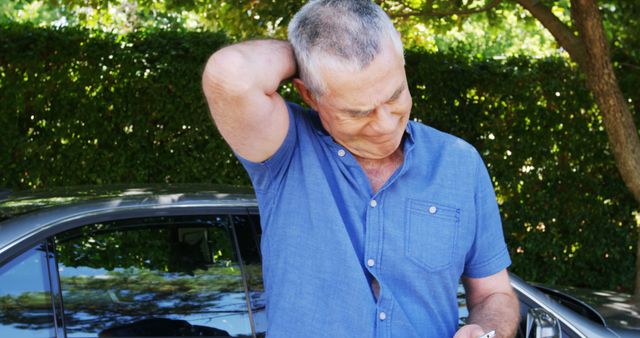 Senior man standing near car in park, appearing confused while looking at smartphone. Wearing casual blue shirt, scratching head. Ideal for depicting technology challenges for seniors, automotive situations, or lifestyle themes.