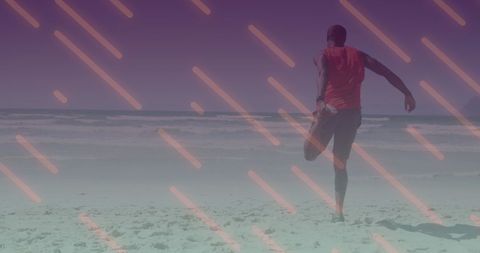 Man Stretching on the Beach with Digital Overlay