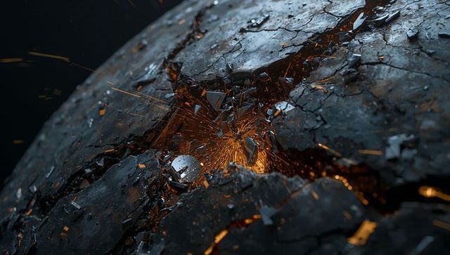 Cracked metallic sphere revealing molten core with glowing sparks and shattered metal fragments