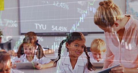 Students in Classroom Engaging with Technology and Learning Stock Market