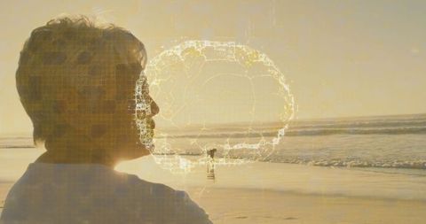 Senior Woman Reflecting on Beach at Sunset with Brain Overlay
