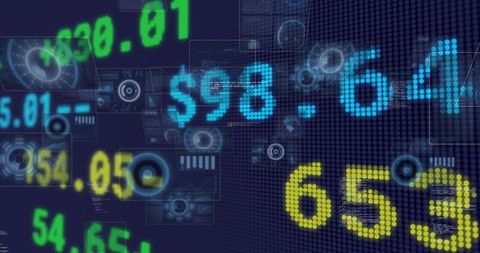 Neon financial ticker display showing real-time stock prices and digital analytics