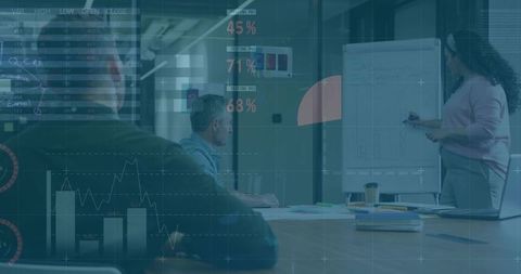 Woman presenting data to team, whiteboard brainstorming with digital analytics overlay