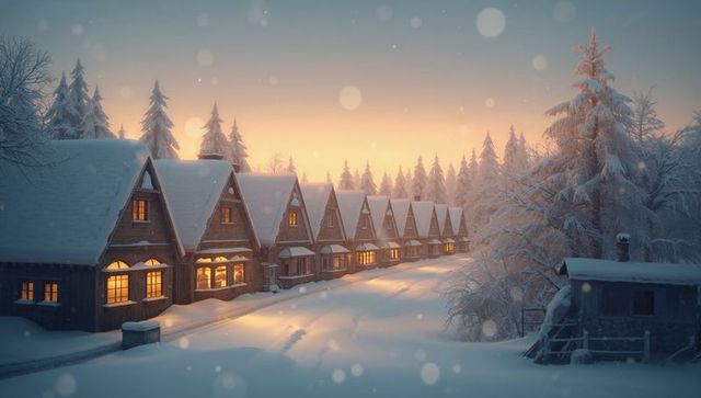 Snowy aframe cabin village glowing windows at sunrise on evergreen forest lane