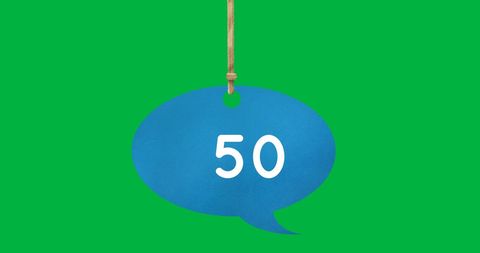 Blue Speech Bubble with Number 50 Hanging on Green Background