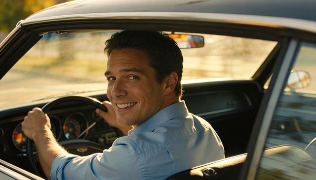 Smiling driver turning and looking back in classic car with sunlit dashboard and chrome
