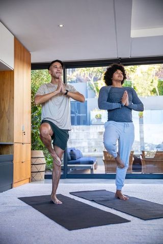 Male Friends Practicing Yoga in Modern Living Room Balancing on One Foot