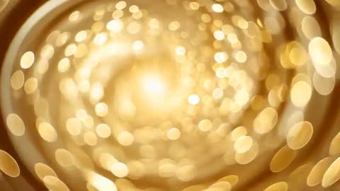 Spiraling golden bokeh vortex with glowing core and radiating light motion