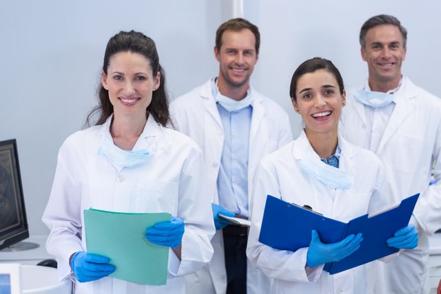 Portrait of smiling dentists standing in dental clinic