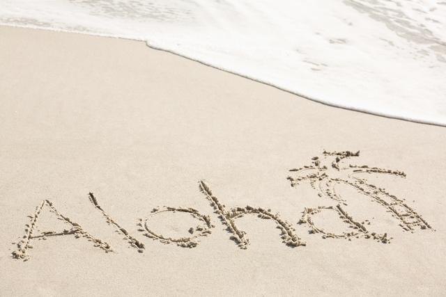 Aloha written on sand at beach