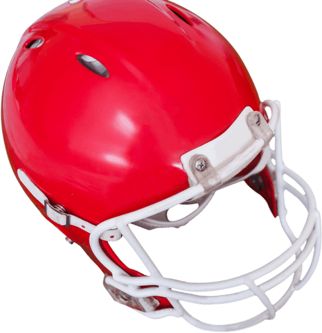 This showing bright red American football helmet with detailed view for themes related to sports, competition, safety, and athletic equipment. Ideal use for sports equipment ads, blogs on American football, athleisure design projects, and safety awareness campaigns.