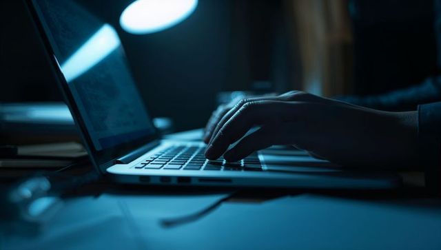 Late-night developer typing on laptop keyboard under moody blue lamp for focused work