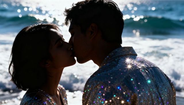 Kissing couple on sunlit beach wearing sequin tops, glittering ocean reflections