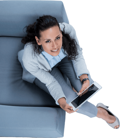 businesswoman on sofa holding tablet in transparent workspace - Download Free Stock Videos Pikwizard.com