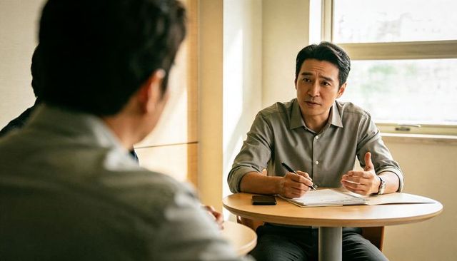 Asian professional conducting one-on-one meeting, taking notes and discussing strategy