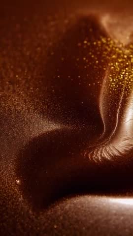 Flowing Liquid Chocolate Ridge with Gold Sparkles, Macro Closeup Vertical Video