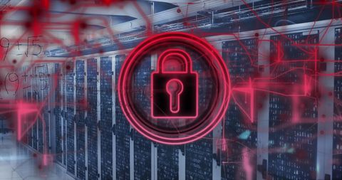 Cybersecurity Lock Icon Overlaid on Server Room with Mathematical Equations - Download Free Stock Images Pikwizard.com