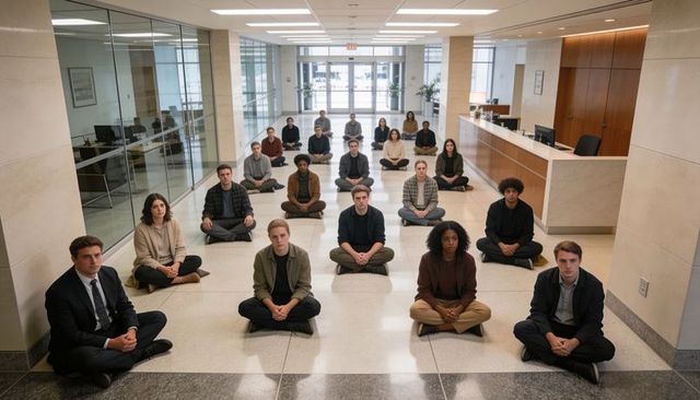 Corporate team sitting in atrium practicing guided meditation with wellness icons overlay