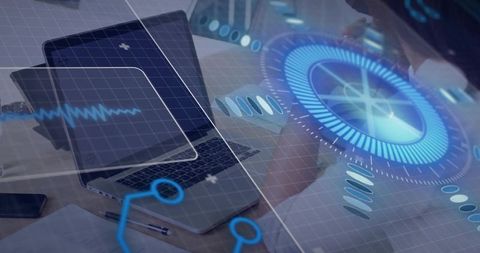 Woman interacting with holographic hud over laptop in futuristic augmented reality office