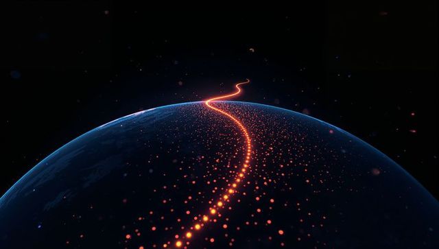 Glowing planet with amber particle ribbon streaming across dark space for global data