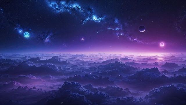 Ethereal Alien Landscape with Purple Clouds and Glowing Planets
