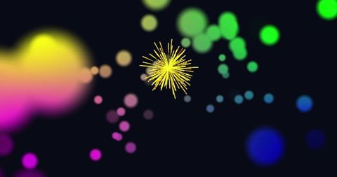 Radiating yellow burst with multicolor bokeh orbs on deep navy background, vibrant glow