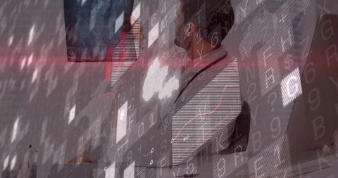 Businessman Analyzing Digital Data Projections in Modern Office