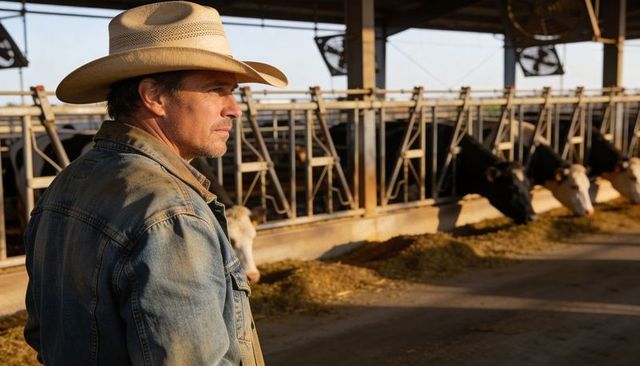 Rancher in straw cowboy hat tending dairy cows at headlocks during golden hour