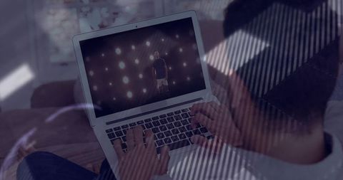 Man Using Laptop Learning Music Portfolio, Domestic Atmosphere