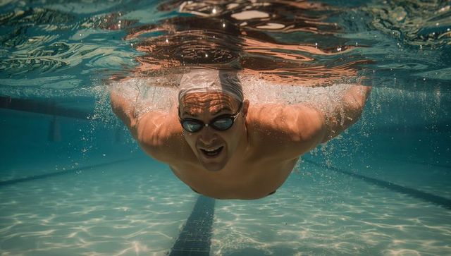 Competitive Swimmer Underwater in Pool Wearing Goggles and Cap