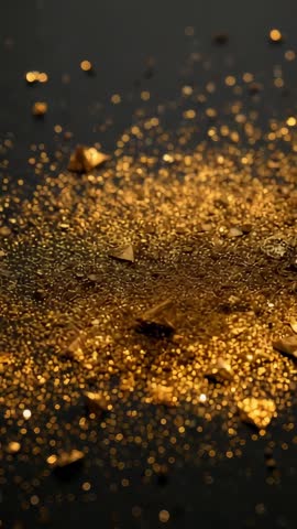 Vertical macro video revealing dense gold glitter and foil flakes on dark textured surface